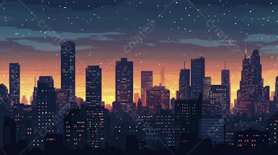 Ilustração Digital de Skyline Urbano ao Anoitecer com Céu Estrelado e Tons Roxos