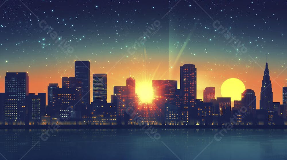 Ilustração Digital de Skyline Urbano ao Anoitecer com Céu Estrelado e Tons Roxos