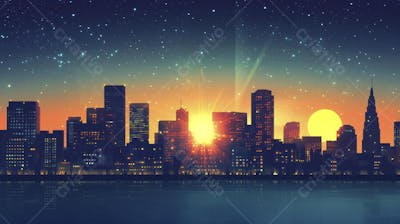 Ilustração Digital de Skyline Urbano ao Anoitecer com Céu Estrelado e Tons Roxos