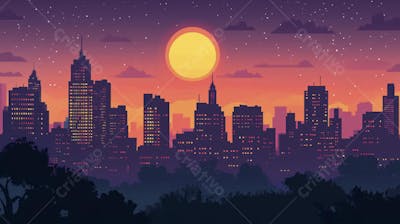 Ilustração Digital de Skyline Urbano ao Anoitecer com Céu Estrelado e Tons Roxos