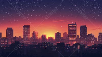 Ilustração Digital de Skyline Urbano ao Anoitecer com Céu Estrelado e Tons Roxos