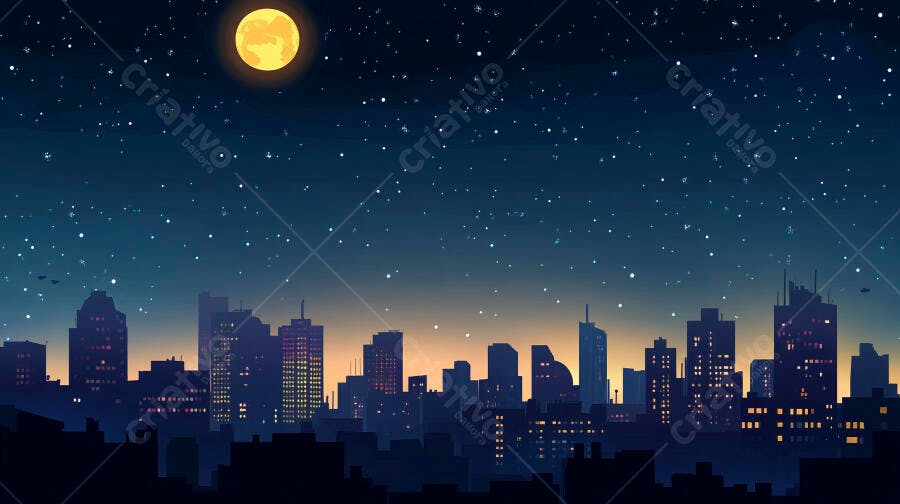 Silhueta da cidade noturna lua cheia