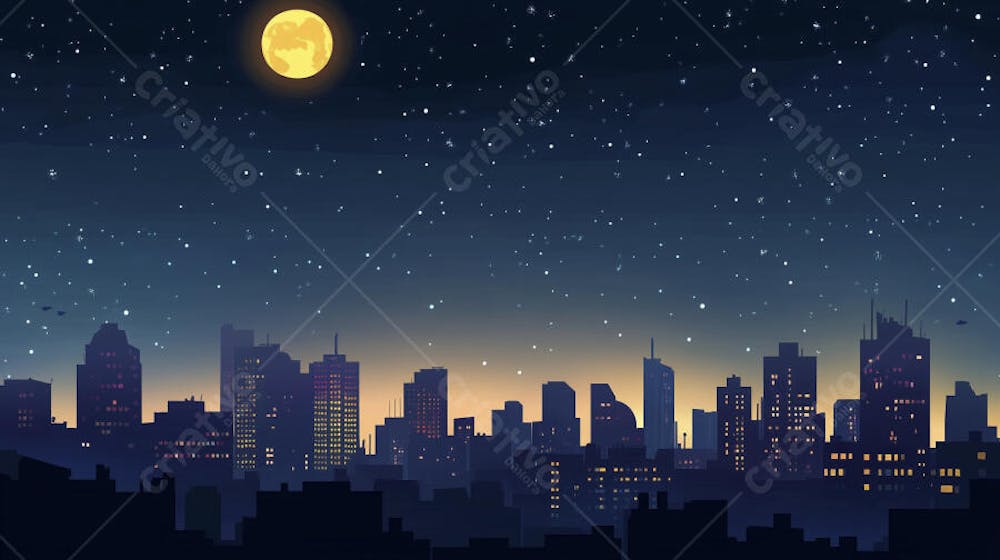 Ilustração Digital de Skyline Urbano ao Anoitecer com Céu Estrelado e Tons Roxos