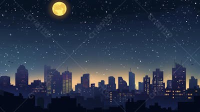 Ilustração Digital de Skyline Urbano ao Anoitecer com Céu Estrelado e Tons Roxos