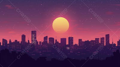 Ilustração Digital de Skyline Urbano ao Anoitecer com Céu Estrelado e Tons Roxos