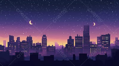 Ilustração Digital de Skyline Urbano ao Anoitecer com Céu Estrelado e Tons Roxos