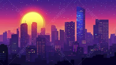 Ilustração Digital de Skyline Urbano ao Anoitecer com Céu Estrelado e Tons Roxos
