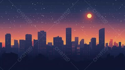 Ilustração Digital de Skyline Urbano ao Anoitecer com Céu Estrelado e Tons Roxos