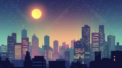 Ilustração Digital de Skyline Urbano ao Anoitecer com Céu Estrelado e Tons Roxos