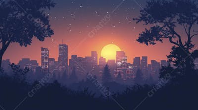 Ilustração Digital de Skyline Urbano ao Anoitecer com Céu Estrelado e Tons Roxos