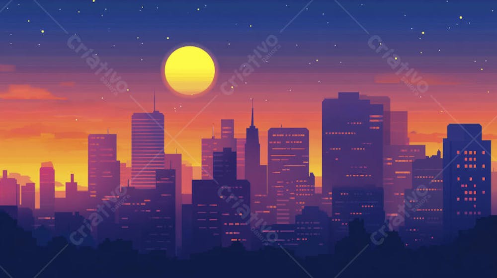 Ilustração Digital de Skyline Urbano ao Anoitecer com Céu Estrelado e Tons Roxos