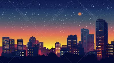 Ilustração Digital de Skyline Urbano ao Anoitecer com Céu Estrelado e Tons Roxos