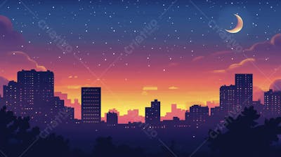 Ilustração Digital de Skyline Urbano ao Anoitecer com Céu Estrelado e Tons Roxos