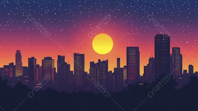 Ilustração Digital de Skyline Urbano ao Anoitecer com Céu Estrelado e Tons Roxos