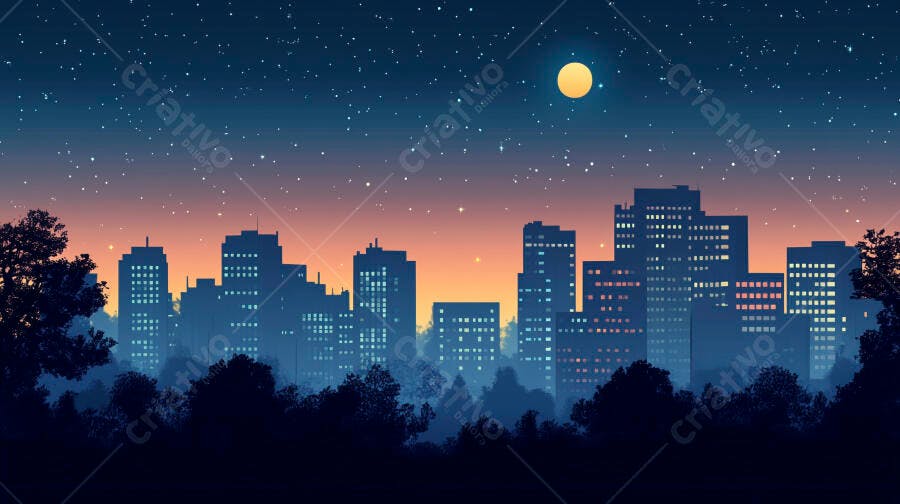 Silhueta urbana noturna com lua cheia