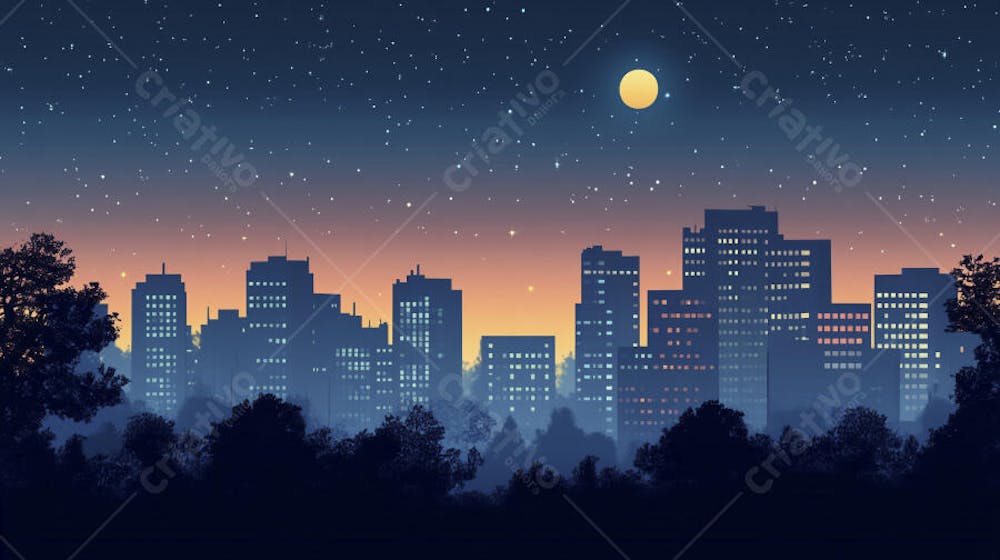 Ilustração Digital de Skyline Urbano ao Anoitecer com Céu Estrelado e Tons Roxos