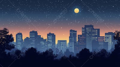 Ilustração Digital de Skyline Urbano ao Anoitecer com Céu Estrelado e Tons Roxos
