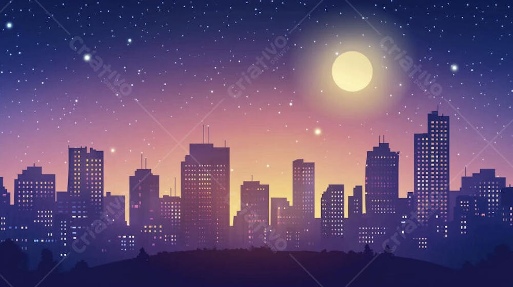 Ilustração Digital de Skyline Urbano ao Anoitecer com Céu Estrelado e Tons Roxos