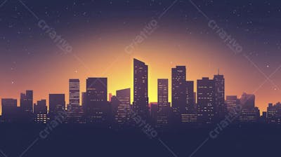 Ilustração Digital de Skyline Urbano ao Anoitecer com Céu Estrelado e Tons Roxos
