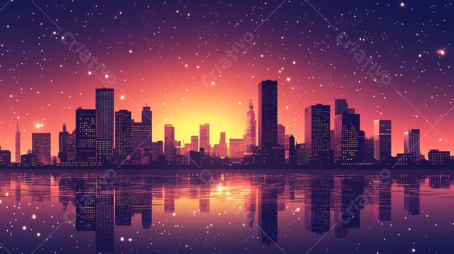Silhueta da cidade ao entardecer estrelado