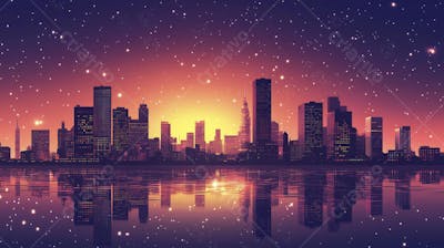 Ilustração Digital de Skyline Urbano ao Anoitecer com Céu Estrelado e Tons Roxos