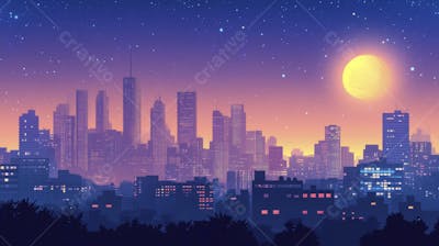 Ilustração Digital de Skyline Urbano ao Anoitecer com Céu Estrelado e Tons Roxos