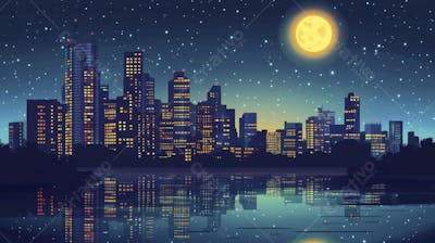 Ilustração Digital de Skyline Urbano ao Anoitecer com Céu Estrelado e Tons Roxos