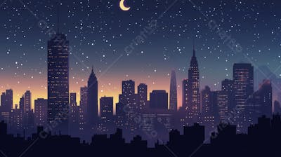 Ilustração Digital de Skyline Urbano ao Anoitecer com Céu Estrelado e Tons Roxos
