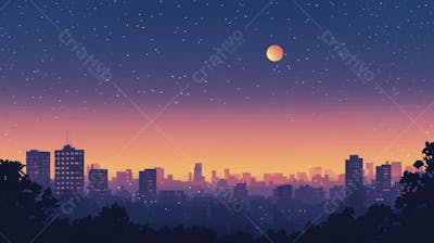 Ilustração Digital de Skyline Urbano ao Anoitecer com Céu Estrelado e Tons Roxos