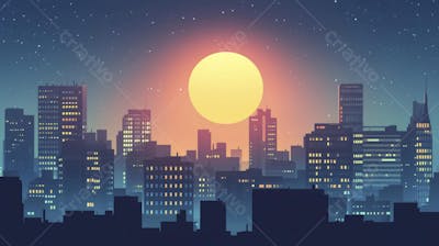 Ilustração Digital de Skyline Urbano ao Anoitecer com Céu Estrelado e Tons Roxos
