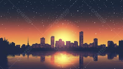 Ilustração Digital de Skyline Urbano ao Anoitecer com Céu Estrelado e Tons Roxos