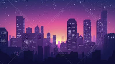 Ilustração Digital de Skyline Urbano ao Anoitecer com Céu Estrelado e Tons Roxos