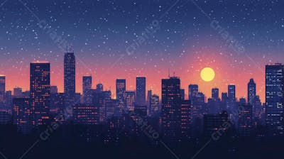Ilustração Digital de Skyline Urbano ao Anoitecer com Céu Estrelado e Tons Roxos