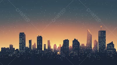 Ilustração Digital de Skyline Urbano ao Anoitecer com Céu Estrelado e Tons Roxos