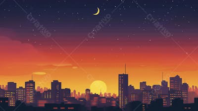 Ilustração Digital de Skyline Urbano ao Anoitecer com Céu Estrelado e Tons Roxos
