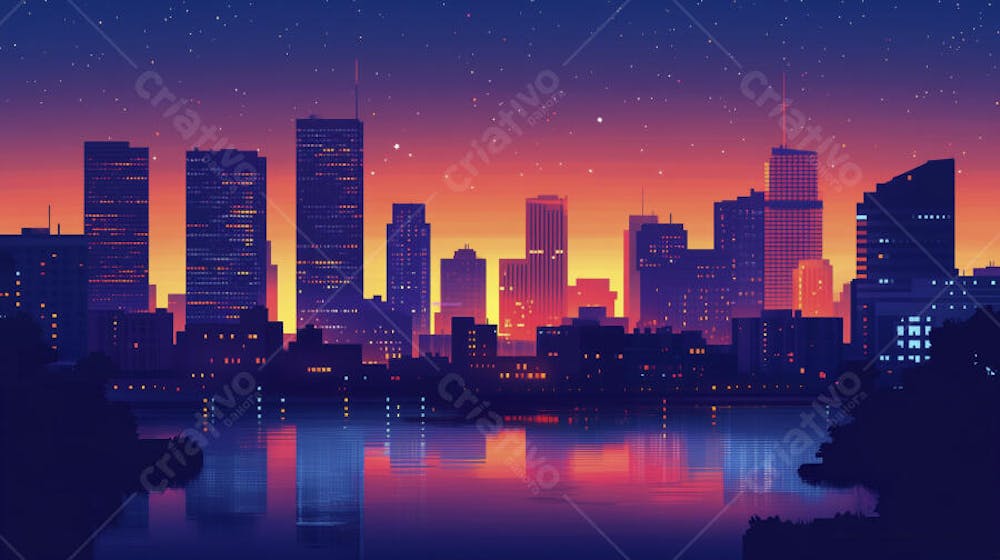 Ilustração Digital de Skyline Urbano ao Anoitecer com Céu Estrelado e Tons Roxos