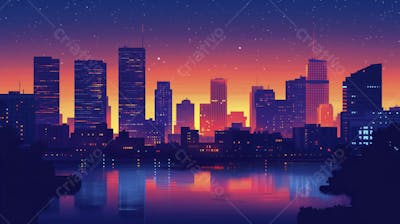 Ilustração Digital de Skyline Urbano ao Anoitecer com Céu Estrelado e Tons Roxos