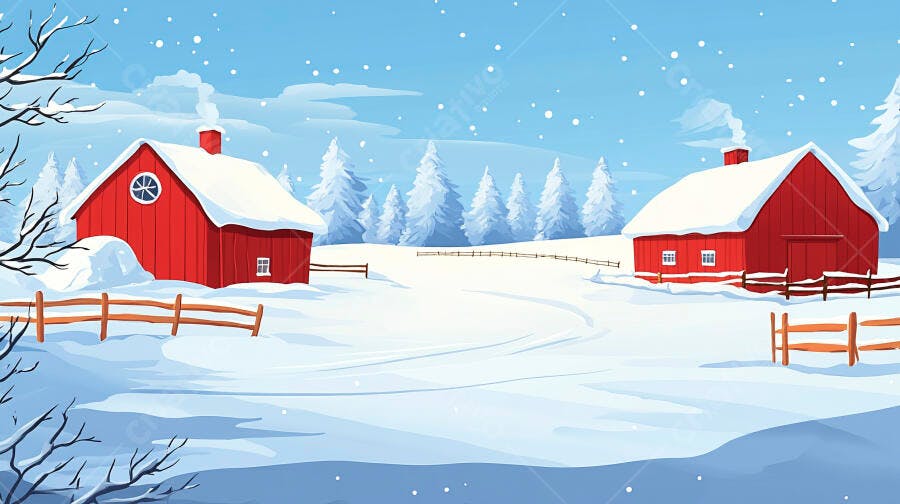 Casas Vermelhas em Paisagem Nevado