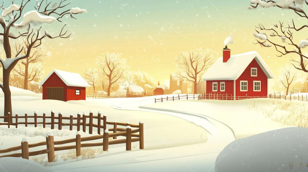Ilustração Digital de Fazenda no Inverno com Celeiro Vermelho e Neve Caindo