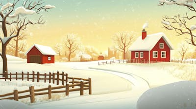 Ilustração Digital de Fazenda no Inverno com Celeiro Vermelho e Neve Caindo