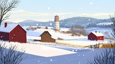Ilustração Digital de Fazenda no Inverno com Celeiro Vermelho e Neve Caindo