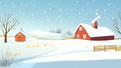 Ilustração Digital de Fazenda no Inverno com Celeiro Vermelho e Neve Caindo