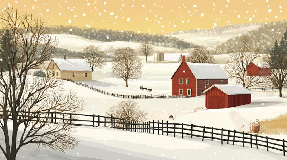 Ilustração Digital de Fazenda no Inverno com Celeiro Vermelho e Neve Caindo
