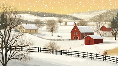 Ilustração Digital de Fazenda no Inverno com Celeiro Vermelho e Neve Caindo