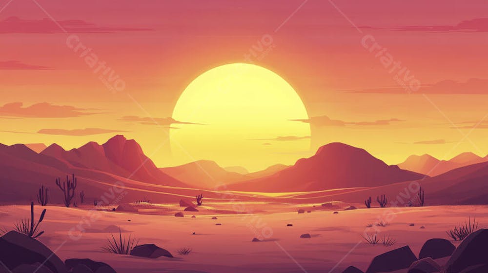 Ilustração Digital de Deserto ao Pôr do Sol com Cactos e Montanhas