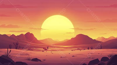 Ilustração Digital de Deserto ao Pôr do Sol com Cactos e Montanhas