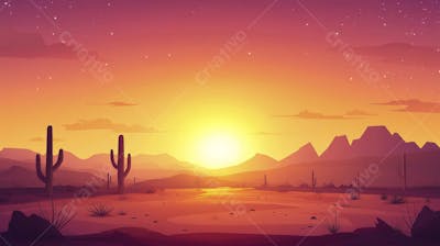 Ilustração Digital de Deserto ao Pôr do Sol com Cactos e Montanhas
