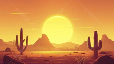 Ilustração Digital de Deserto ao Pôr do Sol com Cactos e Montanhas