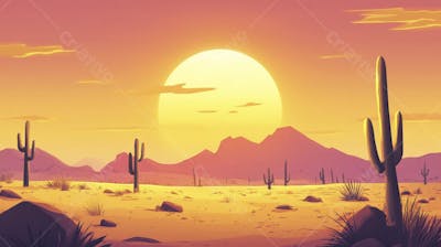 Ilustração Digital de Deserto ao Pôr do Sol com Cactos e Montanhas