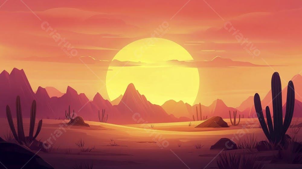 Ilustração Digital de Deserto ao Pôr do Sol com Cactos e Montanhas
